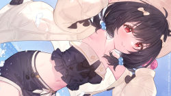 Rule 34 | 1girl, arms up, bare shoulders, black hair, black shirt, black shorts, blush, bow, brown jacket, closed mouth, cowboy shot, crop top, day, granblue fantasy, hair bobbles, hair bow, hair ornament, hands on headwear, hat, highres, jacket, long hair, low twintails, midriff, navel, ocean, open clothes, open jacket, outdoors, red eyes, shirt, short shorts, short twintails, shorts, sideways glance, smile, solo, standing, strapless, strapless shirt, sun hat, twintails, vikala (granblue fantasy), wading, water, yellowpaint.