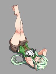 Rule 34 | 1girl, arms behind head, ashizato umitarou, barefoot, black bow, bow, breasts, brown shorts, commentary request, corset, elf, feet, full body, goblin slayer!, green eyes, green hair, grey background, hair bow, hair over shoulder, high elf archer (goblin slayer!), highres, legs up, long hair, looking at viewer, lying, on back, open mouth, pointy ears, shorts, sleeveless, narrow waist, small breasts, solo, thighs, toes, wide hips
