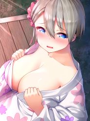 Rule 34 | 1girl, blush, breasts, cleavage, collarbone, embarrassed, fang, floral print, flower, from above, grey hair, hair between eyes, hair flower, hair ornament, hands up, highres, japanese clothes, kimono, large breasts, long sleeves, looking at viewer, no bra, nose blush, off shoulder, open mouth, raised eyebrows, short hair, skin fang, solo, takurowo, upper body, uzaki-chan wa asobitai!, uzaki hana, white kimono, yukata