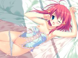 Rule 34 | 10s, 1girl, :o, aqua eyes, bed sheet, blush, bustier, frills, game cg, lingerie, long hair, lying, mitsurugi asuka, official art, on back, one eye closed, open mouth, panties, panty pull, pink hair, pussy, ryouka (suzuya), solo, uncensored, underwear, wink, wizard girl ambitious