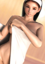 Rule 34 | 1girl, 3d, bad id, bad pixiv id, black hair, breasts, brown eyes, covering privates, covering breasts, groin, hairband, hinemaru, large breasts, long hair, nipples, nude, nude cover, original, solo, towel, wet
