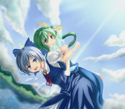 Rule 34 | 2girls, arms locked, awasarin, back-to-back, bent over, blue dress, blue eyes, blue hair, blue sky, blurry, cirno, clenched hand, cloud, daiyousei, day, depth of field, dress, dress shirt, dutch angle, fairy wings, green eyes, green hair, hair ribbon, lake, lens flare, locked arms, looking at viewer, mountain, multiple girls, open mouth, outdoors, puffy sleeves, ribbon, shirt, short hair, short sleeves, side ponytail, sky, smile, teeth, touhou, tree, water, wings