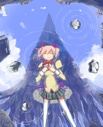 Rule 34 | 1girl, black skirt, blue sky, breasts, bubble skirt, building, city, closed eyes, closed mouth, cloud, cloudy sky, commentary request, crying, day, different reflection, dual persona, feet out of frame, floating hair, frilled skirt, frills, from above, hair between eyes, hair ribbon, hands on own chest, highres, holding, juliet sleeves, kaname madoka, kriemhild gretchen, light smile, long sleeves, lying, magical girl, mahou shoujo madoka magica, mahou shoujo madoka magica (anime), mitakihara school uniform, neck ribbon, nishitou touma, no nose, on back, outdoors, partially submerged, perspective, pink hair, pink ribbon, plaid, plaid skirt, pleated skirt, puffy sleeves, red ribbon, reflection, ribbon, ripples, rubble, ruins, school uniform, shaded face, short hair, skirt, sky, small breasts, solo, soul gem, spread legs, tears, thighhighs, twintails, uniform, water, white skirt, white thighhighs, witch (madoka magica), zettai ryouiki