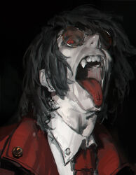 1boy alucard_(hellsing) black_hair collared_shirt cross dino_(dinoartforame) earrings fangs glasses hellsing highres inverted_cross jacket jewelry latin_cross looking_at_viewer male_focus necktie open_mouth pale_skin red-tinted_eyewear red_eyes red_jacket round_eyewear shirt solo tinted_eyewear tongue tongue_out vampire