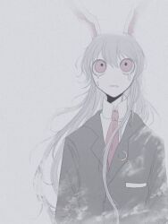 Rule 34 | 1girl, animal ears, black jacket, breast pocket, buttons, collared shirt, crescent, crescent moon, crescent pin, crying, crying with eyes open, glowing, hair between eyes, jacket, long hair, long sleeves, messy hair, moon, n0een, necktie, open mouth, pale skin, pin, pocket, rabbit ears, rabbit girl, red eyes, red necktie, reisen udongein inaba, shirt, simple background, tears, third-party source, touhou, very long hair, white background, white fur, white shirt