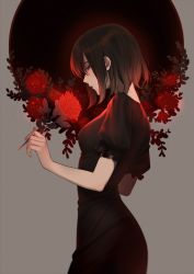 Rule 34 | 1girl, black dress, black hair, breasts, commission, cowboy shot, dress, eyebrows hidden by hair, flower, from side, grey background, highres, holding, holding flower, looking at viewer, looking to the side, original, parted lips, profile, puffy short sleeves, puffy sleeves, red flower, rose, short hair, short sleeves, sidelocks, solo, tagme, weyowang