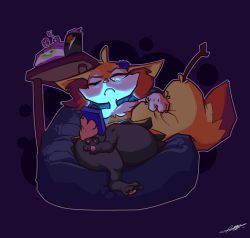 Rule 34 | 1girl, ahoge, animal ear fluff, animal ears, animal hands, bags under eyes, bean bag chair, black fur, blue background, braixen, bright pupils, can, cellphone, claws, closed mouth, commentary, creatures (company), dark, digitigrade, energy drink, english commentary, fangs, ferjo 404, food, fox ears, fox tail, full body, furrowed brow, furry, furry female, game freak, gen 6 pokemon, hair ornament, highres, light, multicolored fur, nintendo, one eye closed, orange fur, outline, phone, pokemon, popcorn, red nose, signature, simple background, sitting, smartphone, solo, sonic (series), sonic the hedgehog, stick, table, tail, white fur, white outline, white pupils, yellow eyes, yellow fur