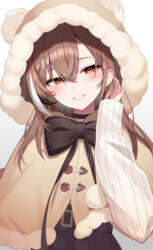 Rule 34 | 1girl, absurdres, animal hood, aotake iro, arm up, bear hood, belt, berry, black choker, blush, brown capelet, brown eyes, brown hair, brown skirt, capelet, choker, crossed bangs, earrings, food-themed earrings, fur trim, grin, highres, hololive, hololive english, hood, hood up, hooded capelet, jewelry, long hair, looking at viewer, multicolored hair, nanashi mumei, nanashi mumei (casual), official alternate costume, plaid, plaid skirt, ribbon, skirt, sleeves past wrists, smile, streaked hair, sweater, virtual youtuber, white sweater