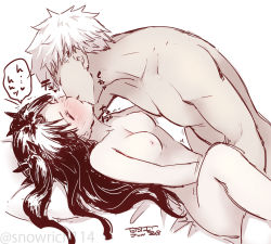 Rule 34 | 1boy, 1girl, archer (fate), bed, black hair, blush, breasts, closed eyes, completely nude, fate/stay night, fate (series), hair ribbon, hetero, kiss, long hair, lying, nipples, nude, on back, pillow, ribbon, sex, short hair, tohsaka rin, toyoyuki, twintails, white hair