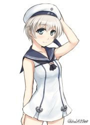 Rule 34 | 10s, 1girl, alternate color, blue eyes, clothes writing, don (29219), hat, kantai collection, sailor hat, short hair, silver hair, simple background, solo, white hat, z1 leberecht maass (kancolle)