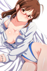 Rule 34 | 1girl, akizuki ritsuko, antenna hair, bed sheet, blouse, breasts, brown eyes, brown hair, cleavage, clothes pull, collarbone, collared shirt, commentary request, covered navel, dutch angle, ear piercing, glasses, highleg, highleg swimsuit, highres, idolmaster, idolmaster (classic), jewelry, large breasts, legs together, long hair, looking at viewer, lying, on side, one-piece swimsuit, one-piece swimsuit pull, open clothes, open shirt, piercing, red-framed eyewear, ring, shiny skin, shirt, simple background, solo, swimsuit, tengu (tetuo kun), thighs, white background, white one-piece swimsuit, white shirt