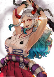 Rule 34 | 1girl, armpits, bare arms, bare shoulders, breasts, club, club (weapon), cowboy shot, cuffs, curled horns, earrings, green hair, hair ornament, hair stick, hakama, hakama pants, highres, horns, japanese clothes, jewelry, kanabou, kimono, large breasts, long hair, magion02, multicolored hair, one piece, oni, pants, red eyes, red horns, rope, shackles, shimenawa, sleeveless, sleeveless kimono, solo, two-tone hair, weapon, white hair, yamato (one piece)
