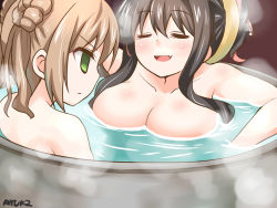 Rule 34 | 10s, 2girls, akigumo (kancolle), bathing, black hair, breast envy, breasts, brown hair, container, drum (container), closed eyes, fang, green eyes, highres, kantai collection, large breasts, long hair, michishio (kancolle), multicolored hair, multiple girls, naganami (kancolle), nude, personification, pink hair, ryuki (ryukisukune), smile, twintails, water