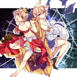 Rule 34 | 2girls, alternate costume, animal ears, bad id, bad pixiv id, bandeau, bare legs, blonde hair, blue eyes, blue skirt, breasts, chest sarashi, cleavage, collarbone, cropped overshirt, detached sleeves, dress, eyebrows, fox ears, fox tail, hair between eyes, high heels, looking at another, medium breasts, midriff, miniskirt, multiple girls, multiple tails, nabezuru, navel, off shoulder, own hands together, sarashi, short dress, short hair, skirt, tail, toramaru shou, touhou, white dress, wide sleeves, yakumo ran, yellow eyes, yellow skirt
