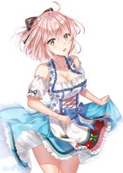 Rule 34 | 1girl, apron, bare shoulders, blue ribbon, blue skirt, blush, bow, breasts, brown bow, brown eyes, brown hair, cleavage, collarbone, commentary request, dirndl, fate/grand order, fate (series), fingernails, frilled shirt, frills, german clothes, hair between eyes, hair bow, hakuda tofu, head tilt, highres, koha-ace, large breasts, looking at viewer, off-shoulder shirt, off shoulder, okita souji (fate), okita souji (koha-ace), open mouth, petticoat, puffy short sleeves, puffy sleeves, ribbon, shirt, short hair, short sleeves, signature, simple background, skirt, solo, thigh gap, thighs, waist apron, white apron, white background, white shirt