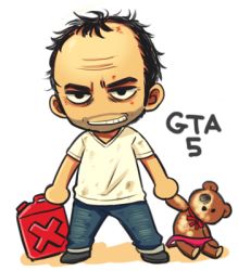 Rule 34 | 1boy, chibi, copyright name, dirty, dirty clothes, facial hair, full body, gas can, grand theft auto, grand theft auto v, grin, jerry can, kemuma, lowres, male focus, rockstar, shirt, smile, solo, stubble, stuffed animal, stuffed toy, t-shirt, teddy bear, trevor philips, white shirt
