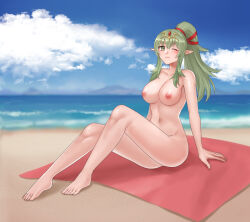 Rule 34 | 1girl, ;), absurdres, barefoot, beach, blush, breasts, cloud, commentary request, commission, completely nude, fire emblem, fire emblem awakening, fire emblem heroes, full body, green eyes, green hair, hair ornament, hazuki (nyorosuke), highres, long hair, looking at viewer, medium breasts, navel, nintendo, nipples, nude, one eye closed, pointy ears, ponytail, sitting, skeb commission, smile, solo, tiara, tiki (adult) (fire emblem), tiki (fire emblem), towel