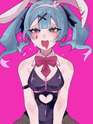 Rule 34 | 1girl, :d, animal ears, armlet, bare shoulders, black leotard, black pantyhose, blue eyes, blue hair, blush, bow, bowtie, breasts, clothing cutout, collarbone, cowboy shot, detached collar, fake animal ears, fishnet pantyhose, fishnets, hair ornament, hairband, hatsune miku, heart, heart-shaped pupils, highleg, highleg leotard, highres, iminigemini, leotard, long hair, looking at viewer, medium breasts, open mouth, pantyhose, pink background, playboy bunny, pure pure (rabbit hole), rabbit ears, rabbit hole (vocaloid), red bow, red bowtie, sidelocks, simple background, smile, solo, stomach cutout, straight-on, sweat, symbol-shaped pupils, teardrop facial mark, twintails, vocaloid, white hairband, x hair ornament