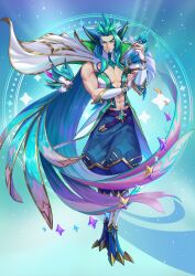 Rule 34 | 1boy, abs, absurdres, artist request, asymmetrical bangs, beard, belt, blue belt, blue pants, capelet, closed mouth, elbow gloves, facial hair, feathered wings, feathers, fingerless gloves, full body, fur trim, gloves, green eyes, green hair, hand on own arm, highres, league of legends, looking at viewer, male focus, medium hair, multicolored background, muscular, muscular male, navel, official art, pants, pectoral cleavage, pectorals, pointy ears, rakan (league of legends), redeemed star guardian rakan, sleeveless, smile, solo, standing, star (symbol), star guardian (league of legends), star guardian pet, star guardian rakan, stomach, white capelet, white gloves, wings