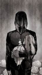 Rule 34 | 1boy, 1other, black shirt, cross, cross necklace, fate/zero, fate (series), flower, greyscale, holding baby, j (onjj), jewelry, kotomine kirei, long sleeves, male focus, monochrome, necklace, priest, shirt, solo, standing, veil