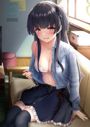 Rule 34 | 1girl, bare shoulders, black hair, black skirt, black thighhighs, blue shirt, bra, breasts, cleavage, couch, dress shirt, first aid kit, frilled skirt, frills, frown, highres, idolmaster, idolmaster shiny colors, indoors, long hair, long sleeves, looking at viewer, mayuzumi fuyuko, medium breasts, miniskirt, monaka curl, open clothes, open mouth, open shirt, over-kneehighs, red eyes, shirt, shirt tucked in, sidelocks, sitting, skirt, solo, thighhighs, two side up, underwear, v-shaped eyebrows, white bra