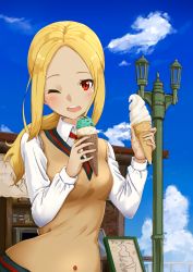 Rule 34 | 1girl, ;d, alternate costume, alternate hairstyle, ame., blonde hair, blush, cloud, collared shirt, dark-skinned female, dark skin, day, eating, food, gravity daze, ice cream, kitten (gravity daze), long hair, long sleeves, looking at viewer, one eye closed, open mouth, outdoors, parted bangs, ponytail, pov, red eyes, school uniform, shirt, sky, smile, solo, sweater vest, vanilla