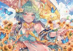Rule 34 | + +, 1girl, :3, animal ears, aqua bikini, aqua nails, armband, artist name, bare shoulders, bead bracelet, beads, bikini, blue butterfly, blue sky, blurry, blurry foreground, blush, bow, bracelet, braid, breasts, bug, butterfly, candy, candy cane, chain, cleavage, cloud, colorful, commentary, day, depth of field, deviantart username, english commentary, field, fingernails, flower, flower field, food, frilled bikini, frilled sleeves, frilled umbrella, frills, front-tie bikini top, front-tie top, gem, green hair, hair between eyes, hair bow, hair flower, hair ornament, hairclip, heart, heart in eye, holding, holding umbrella, insect, instagram username, jewelry, key, lace, lace-trimmed bikini, lace-trimmed umbrella, lace trim, lapel pin, large breasts, lips, long hair, looking at viewer, midriff, nail polish, navel, off shoulder, open clothes, original, outdoors, outstretched arm, parted lips, plaid, plaid bow, print umbrella, rain, rainbow, ribbon, sharp fingernails, short hair, side-tie bikini bottom, skunkyfly, sky, smile, solo, star (symbol), striped bikini, striped clothes, sunflower, sunlight, swimsuit, symbol in eye, tail, tail bow, tail ornament, twitter username, umbrella, unzipped, upper body, vertical stripes, whiskers, white bow, wrist bow, yellow bow, yellow nails