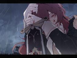 Rule 34 | 1boy, black sleeves, blood, blood on face, blood on hands, crying, crying with eyes open, diluc (genshin impact), genshin impact, greatsword, grnl gnsn, highres, holding, holding sword, holding weapon, long hair, long sleeves, male focus, night, rain, red eyes, red hair, sad, solo, stab, sword, tears, twitter username, weapon