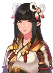 Rule 34 | 1girl, black hair, blunt bangs, capcom, collarbone, commentary request, expressionless, eyes visible through hair, hair ornament, highres, hikichi sakuya, long hair, looking at viewer, minoto, monster hunter (series), monster hunter rise, pointy ears, simple background, solo, upper body, white background, yellow eyes