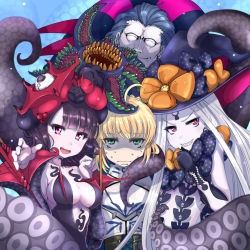 Rule 34 | 1boy, 3girls, :d, abigail williams (fate), abigail williams (third ascension) (fate), armor, artoria pendragon (all), artoria pendragon (fate), black bow, black dress, black gloves, black hat, blonde hair, blue hair, blush, bow, carnivorous plant, closed eyes, closed mouth, collarbone, commentary request, dress, elbow gloves, fate/grand order, fate (series), gilles de rais (caster) (fate), gilles de rais (saber) (fate), girl sandwich, gloves, green eyes, grin, haku (grimjin), hand up, hat, hat bow, head tilt, highres, katsushika hokusai (fate), katsushika hokusai (third ascension) (fate), long hair, long sleeves, looking at viewer, multiple girls, nervous sweating, open mouth, orange bow, pale skin, parted bangs, print bow, puffy long sleeves, puffy sleeves, purple eyes, purple hair, revealing clothes, saber (fate), sandwiched, sharp teeth, smile, star (symbol), star print, strapless, strapless dress, suction cups, sweat, teeth, tentacles, turn pale, v-shaped eyebrows, very long hair, witch hat