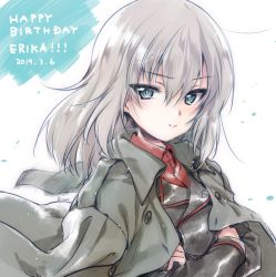 Rule 34 | 1girl, artist name, black jacket, blue eyes, closed mouth, coat, commentary request, dated, dress shirt, english text, girls und panzer, grey coat, happy birthday, highres, insignia, itsumi erika, jacket, jacket on shoulders, kuroi mimei, kuromorimine military uniform, light particles, long hair, long sleeves, looking back, military, military uniform, partial commentary, red shirt, shirt, signature, silver hair, smile, solo, uniform, upper body, wind, wing collar