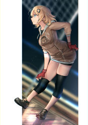 Rule 34 | 1girl, advarcher, bike shorts, black footwear, blonde hair, blue eyes, breasts, brown hoodie, bubba (watson amelia), fingerless gloves, gloves, hair behind ear, hair ornament, hand on own ass, hand on own thigh, highres, hololive, hololive english, hood, hoodie, leaning forward, medium breasts, red gloves, short hair, smile, solo, virtual youtuber, watson amelia