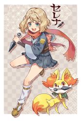 Rule 34 | 1girl, :d, blonde hair, blue eyes, border, character name, commentary request, creatures (company), fennekin, game freak, gen 6 pokemon, holding, holding weapon, knees, kunai, nintendo, open mouth, outside border, pleated skirt, pokemon, pokemon (anime), pokemon (creature), pokemon legends: arceus, pokemon xy (anime), sasairebun, scarf, serena (pokemon), shoes, short hair, skirt, smile, socks, teeth, tongue, v-shaped eyebrows, weapon, white border