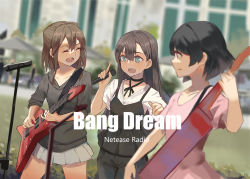 Rule 34 | 3girls, bang dream!, black pants, black ribbon, black shirt, black sweater, blouse, blue eyes, blurry, blurry background, blurry foreground, brown hair, chinese commentary, closed eyes, closed mouth, commentary request, copyright name, dutch angle, electric guitar, guitar, hair ornament, hanazono tae, holding, holding instrument, holding microphone, instrument, liangzi tai hongcha, long hair, long sleeves, medium hair, microphone, microphone stand, multiple girls, music, neck ribbon, open mouth, outdoors, pants, pink shirt, playing instrument, pleated skirt, ribbon, shirt, short sleeves, singing, skirt, sleeves rolled up, smile, star (symbol), star hair ornament, sweater, teeth, toyama kasumi, upper teeth only, ushigome rimi, white shirt, white skirt