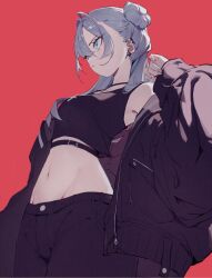 Rule 34 | 1girl, aqua eyes, belt, black jacket, black pants, black tank top, closed mouth, commentary, cowboy shot, crop top, cross, cross necklace, ear piercing, earrings, grey hair, groin, hair bun, highres, jacket, jewelry, kago (wall io), long hair, looking ahead, midriff, navel, necklace, off shoulder, open clothes, open jacket, original, pants, piercing, red background, simple background, solo, tank top