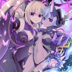 Rule 34 | 2girls, aihira (aihira12), alternate color, antenna hair, arm up, azure striker gunvolt, bare shoulders, blonde hair, breasts, bug, butterfly, butterfly hair ornament, cleavage, commentary, dark persona, darkness, dress, fiery hair, gunvolt chronicles luminous avenger ix, hair ornament, highres, insect, large breasts, looking at viewer, lumen (gunvolt), multicolored hair, multiple girls, navel, purple dress, purple eyes, purple hair, roro (gunvolt), small breasts