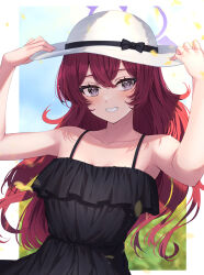 Rule 34 | 1girl, alternate costume, bare arms, black dress, blue archive, breasts, commentary request, dress, frilled dress, frills, grey eyes, hair between eyes, halo, hat, highres, iroha (blue archive), long hair, looking at viewer, primamiya, red hair, simple background, sleeveless, sleeveless dress, small breasts, smile, solo, spaghetti strap, sun hat, sundress, wavy hair