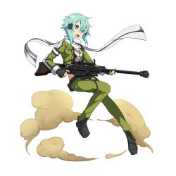 Rule 34 | 1girl, :d, anti-materiel rifle, black footwear, black gloves, black shorts, blue eyes, blue hair, bolt action, breasts, cleavage, fingerless gloves, full body, gloves, green jacket, green legwear, gun, hair between eyes, hair ornament, hairclip, highres, holding, holding gun, holding weapon, jacket, long sleeves, official art, open clothes, open jacket, open mouth, pgm hecate ii, scarf, short hair with long locks, short shorts, shorts, sidelocks, sinon, small breasts, smile, solo, sword art online, sword art online: memory defrag, transparent background, weapon, white scarf