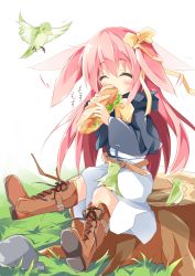 Rule 34 | 1girl, ^ ^, animal, animal ears, baguette, bird, blue jacket, blush, boots, bow, bowtie, bread, brown footwear, closed eyes, commentary request, cross-laced footwear, day, dress, eating, flapping ears, flying, food, hair between eyes, hair bow, hair ribbon, highres, holding, holding food, jacket, knee boots, kushida you, lace-up boots, long hair, long sleeves, original, outdoors, pink hair, rabbit ears, ribbon, sandwich, sitting, solo, stone, translation request, tree stump, very long hair, white background, white dress, wide sleeves, yellow bow, yellow bowtie, yellow ribbon