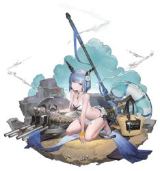 Rule 34 | 1girl, azur lane, bare shoulders, barefoot sandals (jewelry), bikini, blue hair, breasts, cleavage, collarbone, crab, cross, cross necklace, flower, gascogne (azur lane), gascogne (tropical environs acclimation service equipment) (azur lane), hair flower, hair ornament, headgear, highres, jewelry, kneeling, liduke, looking at viewer, medium breasts, nail polish, neck ribbon, necklace, official alternate costume, official art, ribbon, shiny skin, short hair, solo, swimsuit, thighs, transparent background, turtle, wet, wet clothes, wet swimsuit, white bikini, wrist ribbon, yellow eyes