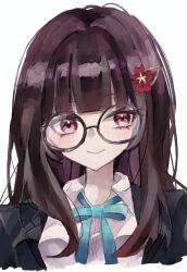 Rule 34 | 1girl, ame 00531, black jacket, blazer, blue ribbon, blunt bangs, blush, brown hair, closed mouth, collared shirt, commentary request, cropped torso, glasses, hair ornament, hairclip, honkai: star rail, honkai (series), jacket, long hair, looking at viewer, neck ribbon, open clothes, open jacket, pink eyes, ribbon, round eyewear, shirt, simple background, smile, solo, sparkle (honkai: star rail), straight-on, straight hair, white background, white shirt