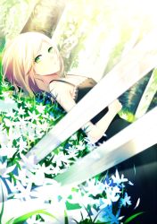 Rule 34 | 1girl, achiki, bare shoulders, black dress, blade, blonde hair, closed mouth, dress, dutch angle, flower, forest, green eyes, looking at viewer, lying, nature, on back, original, outdoors, solo, spaghetti strap, sundress, white flower