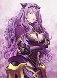 Rule 34 | 1girl, armor, breasts, camilla (fire emblem), cleavage, cleavage cutout, clothing cutout, european clothes, fire emblem, fire emblem fates, gauntlets, hiyori (rindou66), large breasts, long hair, looking at viewer, nintendo, pauldrons, purple eyes, purple hair, shoulder armor, simple background, solo, tiara