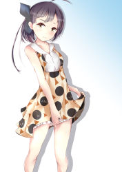 Rule 34 | 1girl, ahoge, alternate costume, bare arms, bare legs, bare shoulders, black hair, blush, clothes lift, collarbone, commentary request, dress, fujinami (kancolle), gradient background, highres, holding, holding clothes, holding skirt, kantai collection, long hair, looking at viewer, migiue, orange eyes, ribbon, sketch, skirt, skirt lift
