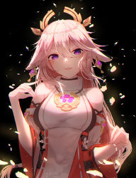 Rule 34 | 1girl, absurdres, animal ears, bare shoulders, belt, black belt, blush, breasts, detached sleeves, double fox shadow puppet, ear piercing, floral print, fox shadow puppet, genshin impact, hair between eyes, hair ornament, highres, japanese clothes, jewelry, large breasts, long hair, long sleeves, looking at viewer, necklace, parted lips, petals, piercing, pink hair, purple eyes, re:rin, simple background, smile, solo, underbust, upper body, very long hair, wide sleeves, yae miko