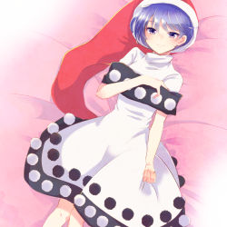Rule 34 | 1girl, aoi (annbi), blue hair, commentary, doremy sweet, dress, hat, highres, lying, nightcap, on back, pom pom (clothes), purple eyes, red hat, solo, touhou, white dress