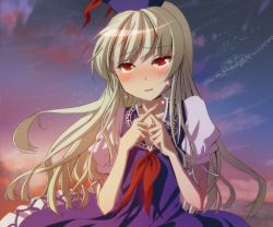 Rule 34 | 1girl, bad id, bad pixiv id, blue dress, blush, crossed fingers, dress, face, female focus, hat, highres, kamishirasawa keine, long hair, mimika (puetilun), puetilun, red eyes, silver hair, sky, solo, sunset, tears, touhou, wavy mouth, x fingers