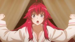 Rule 34 | 1boy, 1girl, animated, animated gif, bathrobe, between breasts, bouncing breasts, breasts, brown hair, cleavage, falling, head between breasts, high school dxd, high school dxd hero, hyoudou issei, large breasts, long hair, looking at another, red hair, rias gremory, screencap