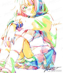 Rule 34 | 1girl, artist name, blush, closed mouth, colorful, commentary request, feet out of frame, hatching (texture), highres, knees up, legs together, long sleeves, looking at viewer, medium hair, original, own hands together, pleated skirt, procreate (medium), sailor collar, sailor shirt, school uniform, serafuku, shirt, shorts, shorts under skirt, signature, simple background, sitting, skirt, socks, solo, watanabe tomari, watermark, white background