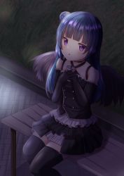 Rule 34 | 1girl, bare shoulders, bench, black dress, black sleeves, black thighhighs, black wings, blue hair, blush, can, commentary request, detached sleeves, dress, expressionless, fake wings, feet out of frame, hair bun, holding, holding can, long hair, love live!, love live! sunshine!!, n rinkoro, night, on bench, outdoors, parted lips, purple eyes, single hair bun, sitting, solo, thighhighs, tsushima yoshiko, wings